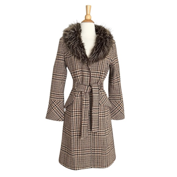 Vintage FRENCHI Plaid Wool Blend Coat Faux Fur Collar Belted Small Made in USA - Picture 1 of 15